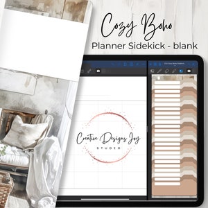Op de afbeelding: Een digitale planner-sjabloon met een gezellig boho-thema. De sjabloon heeft een lege pagina met een logo dat "Creative Designs Joy Studio" zegt en een zijbalk met een set dividers in verschillende bruintinten.