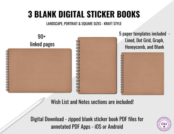 Digital Sticker Books, 3 Blank Sticker Books, Kraft Style