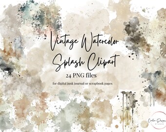 Vintage Watercolor Splashes Clipart Overlay for digital junk journal, scrapbook, and planners, Watercolor Splashes PNG files.