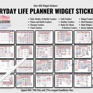 May include: Over 400 planner widget stickers in a cherry blossom theme. The stickers are organized into categories such as daily, weekly, monthly, fitness, health, cleaning, travel, faith, weather, media, reading, budget, meal planning, blank widgets, and device updates. The stickers are in a pink and blue color scheme with a watercolor effect.