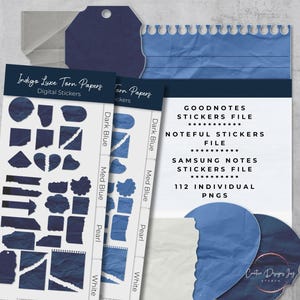 Adesivi digitali realistici di carta strappata nei colori blu indaco e bianco perla / PNG / file Goodnotes, Noteful, Samsung Notes inclusi