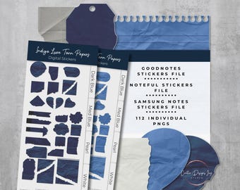 Indigo Blue Torn Paper Stickers: Digital Planner PNG (GoodNotes, Noteful, Samsung Notes)