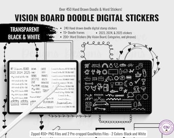 Hand Drawn Doodle Vision Board Stickers Transparent Black White Digital Stamp Stickers for White or Dark Mode Digital Planner