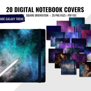 Galaxy Digital Notebook Covers, Cosmic Galaxy Space Background, 20 Square Covers for Digital Planners, Notebooks, Journals, PNG PDF files