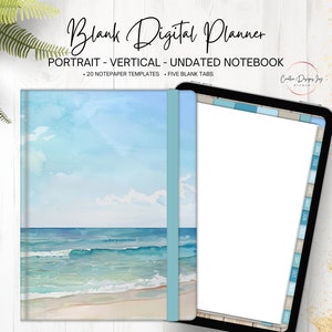 Beach Vibes Digital Blank Planner Notizbuch | 12 Monate | 5 leere Seiten pro Monat | 5 leere Top Tabs | 20 Papiervorlagen | Sofort Download