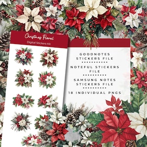 Adesivos Digitais Florais de Natal | PNG | Arquivos Goodnotes, Noteful, Samsung Notes incluídos