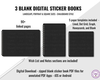 Digital Sticker Books, 3 Blank Sticker Books, Chalkboard Style, Landscape, Portrait,  Square Sizes for Digital Stickers & Planning