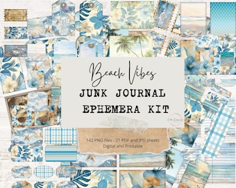 Beach Vibes Junk Journal Ephemera Kit: Printable Stamps, Tags (Digital Download)