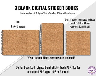 Digital Sticker Books, 3 Blank Sticker Books, Cork Board Style,  Landscape, Portrait,  Square Sizes for Digital Stickers & Planning