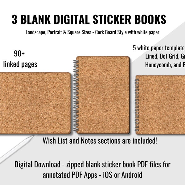 Digital Sticker Books, 3 Blank Sticker Books, Cork Board Style,  Landscape, Portrait,  Square Sizes for Digital Stickers & Planning