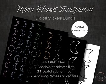 Moon Phases Digital Stickers: Transparent Black, White, Pastel (Digital Download)