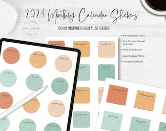 2024 Monthly Calendar Stickers, Boho Inspired colors, Digital Download