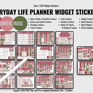 Romantiska ros-planerarklistermärken: 1160+ digitala widgets (PNG, GoodNotes)