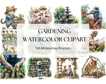 Gardening Watercolor Clipart Midjourney Prompts Guide for AI Generated Images