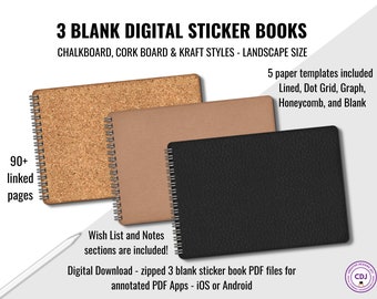 Digital Sticker Books, 3 Blank Sticker Books,  Chalkboard, Cork Board,  Kraft Styles, Landscape View for Digital Stickers & Planning