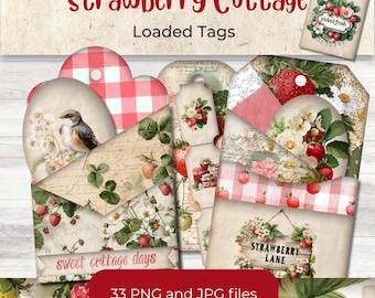 Strawberry Cottage Loaded Tags, Junk Journal Ephemera PNG, Printable Tag Sheets, Cottagecore Digital Kit