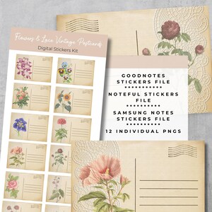 Flowers and Lace Vintage Postcards Ephemera Digital Stickers | Junk Journal | PNG | Goodnotes, Noteful, Samsung Notes files included