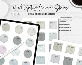 2024 Monthly Calendar Stickers, Neutral Gray, Digital Download