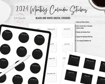 2024 Monthly Calendar Stickers, Black and White, Digital Download