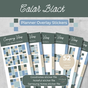 Puede incluir: Un conjunto de pegatinas superpuestas para planificador con un diseño de bloques de color. Las pegatinas presentan patrones geométricos en tonos azules, beige y verdes. El texto incluye "Camping Vibes" y "Planner Overlay Stickers". La imagen también muestra "52 PNG Files" y "Digital Download".