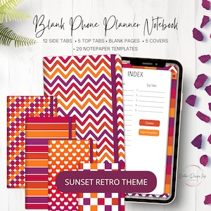 Peut inclure: Un carnet de planification numérique avec un thème rétro coucher de soleil. Le planificateur comprend 12 onglets latéraux, 5 onglets supérieurs, des pages vierges, 5 couvertures et 20 modèles de papier à lettres. La page d'index montre les différentes sections du planificateur.
