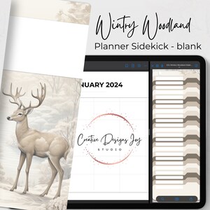 May include: A digital planner with a winter woodland theme. The cover features a white-tailed deer in a snowy forest. The planner includes a calendar for January 2024 and a section for notes. The planner is designed by Creative Designs Joy Studio.