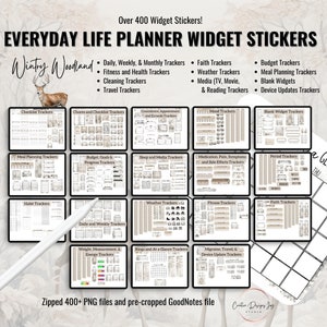 Könnte beinhalten: Ein digitales Planer-Sticker-Set mit über 400 druckbaren PNG-Dateien im Thema Winterwald. Die Sticker sind in Kategorien wie Checklisten, Tages-Tracker, Essensplanung, Budget, Stimmung, Schlaf, Fitness, Glaube und mehr organisiert. Die Sticker sind für die Verwendung in digitalen Planern wie GoodNotes konzipiert.