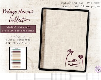 12 Subjects Digital Notebook for iPad Mini, Portrait, hyper-linked, Vintage Hawaii, Paper Templates, Linen Pages for planning and journaling