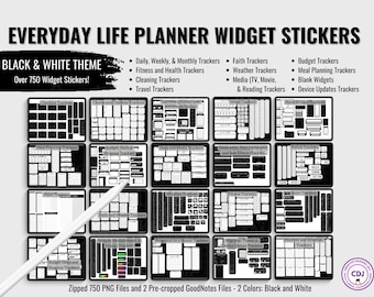 Widget Stickers Black White Digital Stickers for Digital Planners and Journals Monochrome Everyday Life