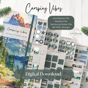 May include: A digital download of 361 camping themed PNG stickers for use in GoodNotes, Noteful, and Samsung Notes apps. The stickers feature a watercolor mountain scene and include icons, washi tape, and planner stickers.