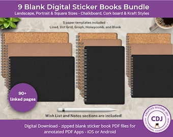 9 Blank Digital Sticker Books Bundle Chalkboard Corkboard Kraft Landscape Portrait Square Views