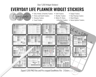 Grayscale Widget Stickers: Digital Planner, Journal, Scrapbooking (PNG, GoodNotes)