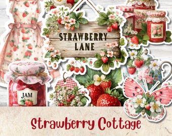 Strawberry Cottage Fussy Cuts Pack, Printable Junk Journal Ephemera, Cottagecore Cutouts, 3 JPG Sheets