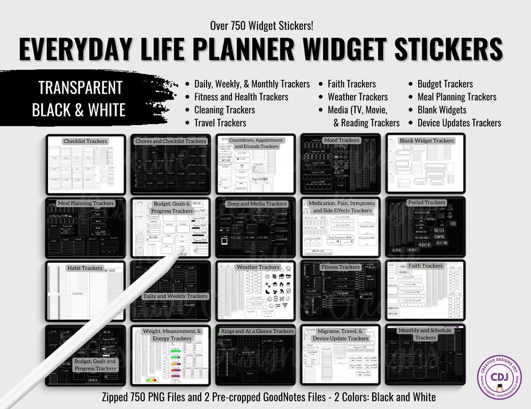 Digital Planner Widget Stickers Transparent Black White Etsy