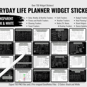 Black & White Planner Widget Stickers: Transparent PNG, GoodNotes (Digital Download)