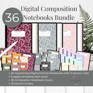 May include: A digital download bundle of 36 composition notebooks with 12 section tabs. Each notebook has 6 pages of templates and 36 composition notebook covers. The notebooks are in various colours, including pink, grey, and maroon.