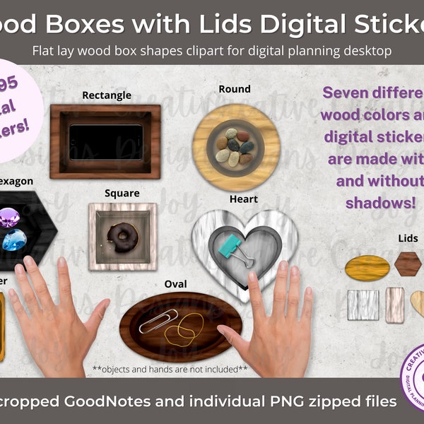 Digital Wood Boxes with Lids stickers flat lay clipart for digital planning desktop