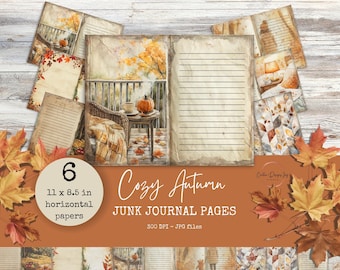 Cozy Autumn Junk Journal Pages | Horizontal | Six 11x8.5 inches pages | Printable