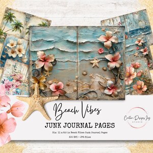 Beach Vibes Junk Journal-pagina's, horizontaal, zes pagina's van 11 x 8,5 inch, afdrukbaar