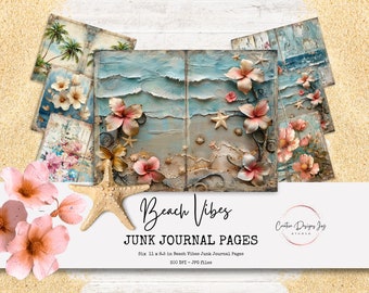 Beach Vibes Junk Journal Pages, Horizontal, Six 11x8.5 inches pages, Printable