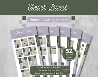 Garden Vibes Color Block Planner Stickers: Sage Green & Purple (52 PNGs) (Digital Download)