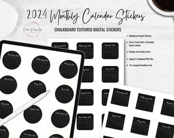 2024 Monthly Calendar Stickers, Black Chalkboard Texture, Digital Download