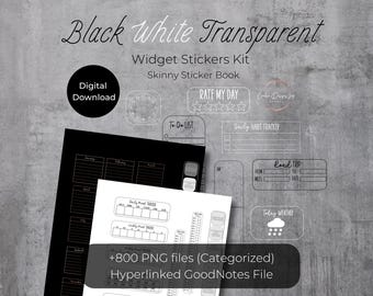 Black & White Planner Stickers: Transparent Widgets, Skinny Book (Digital Download)
