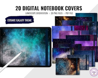 Galaxy Digital Notebook Covers, Cosmic Galaxy Space Background, 20 Landscape Horizontal Covers for Digital Planners, Notebooks, Journals