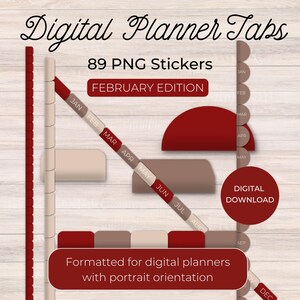February Digital Planner Tabs: 89 PNG Stickers, Red & Mocha (Digital Download)