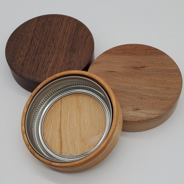 Wooden Mason Jar Lid with threaded insert, 3 woods available, display dry goods to dress up your counter! Available in regular & wide mouth.