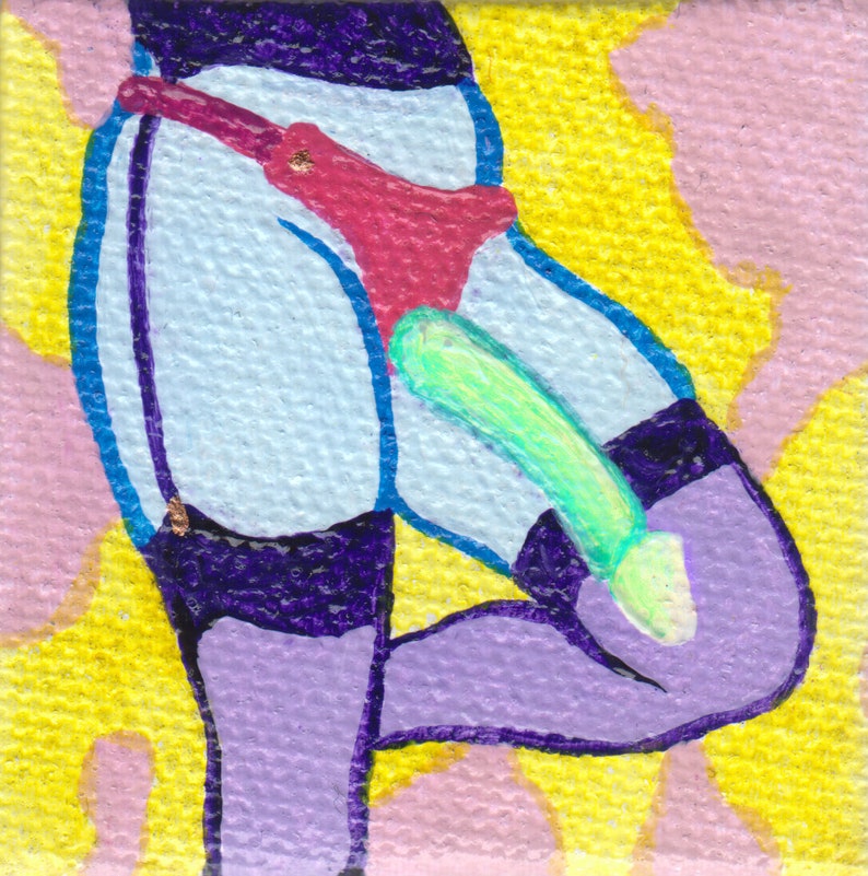 Erotic Mini Painting, Sexual Artwork, Tiny Canvas, BDSM Artwork, Strap-on Dildo, Lesbian Art, Kinky Art, Sex Toy, Pegging - Glow Dildo 