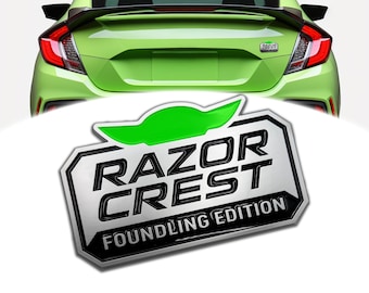 Car emblem gift for Star Wars fan - Razor Crest Foundling Edition - Paint-safe adhesive - Weather resistant - 5in L x 3in W