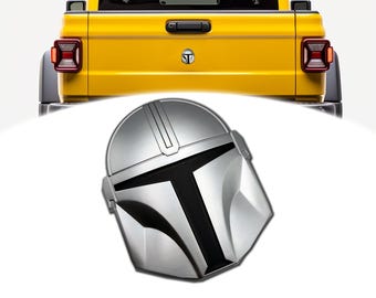 Car emblem gift for Star Wars fan - Mandalorian Mando Helmet - Paint-safe adhesive - Weather resistant - 3.5in L x 4in W