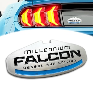 Car emblem gift for Star Wars fan - Millennium Falcon Kessel Run Edition - Paint-safe adhesive - Weather resistant - 5in L x 2.25in W